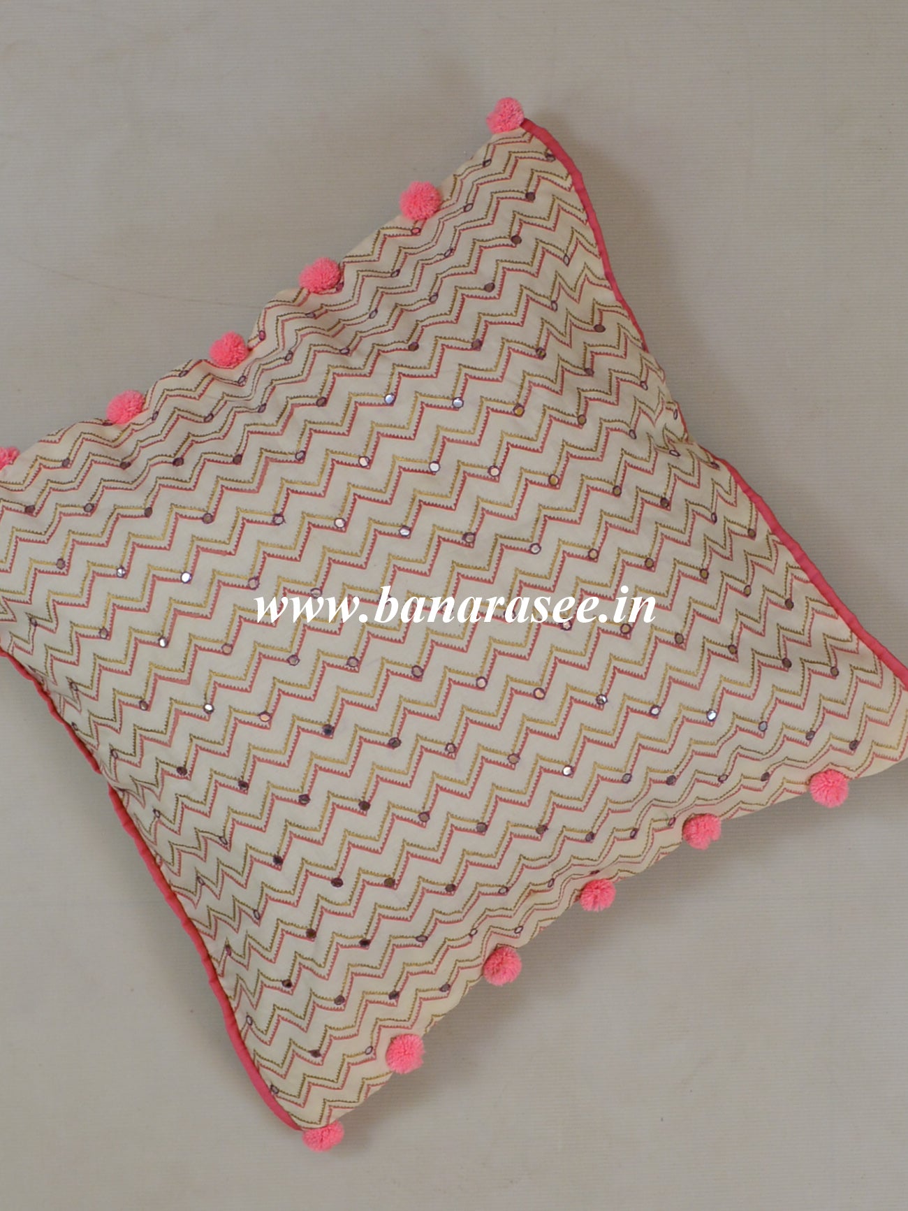 Mul Cotton Sanganeri Print Mirror Work & Pom-Pom Detail Cushion Cover-White
