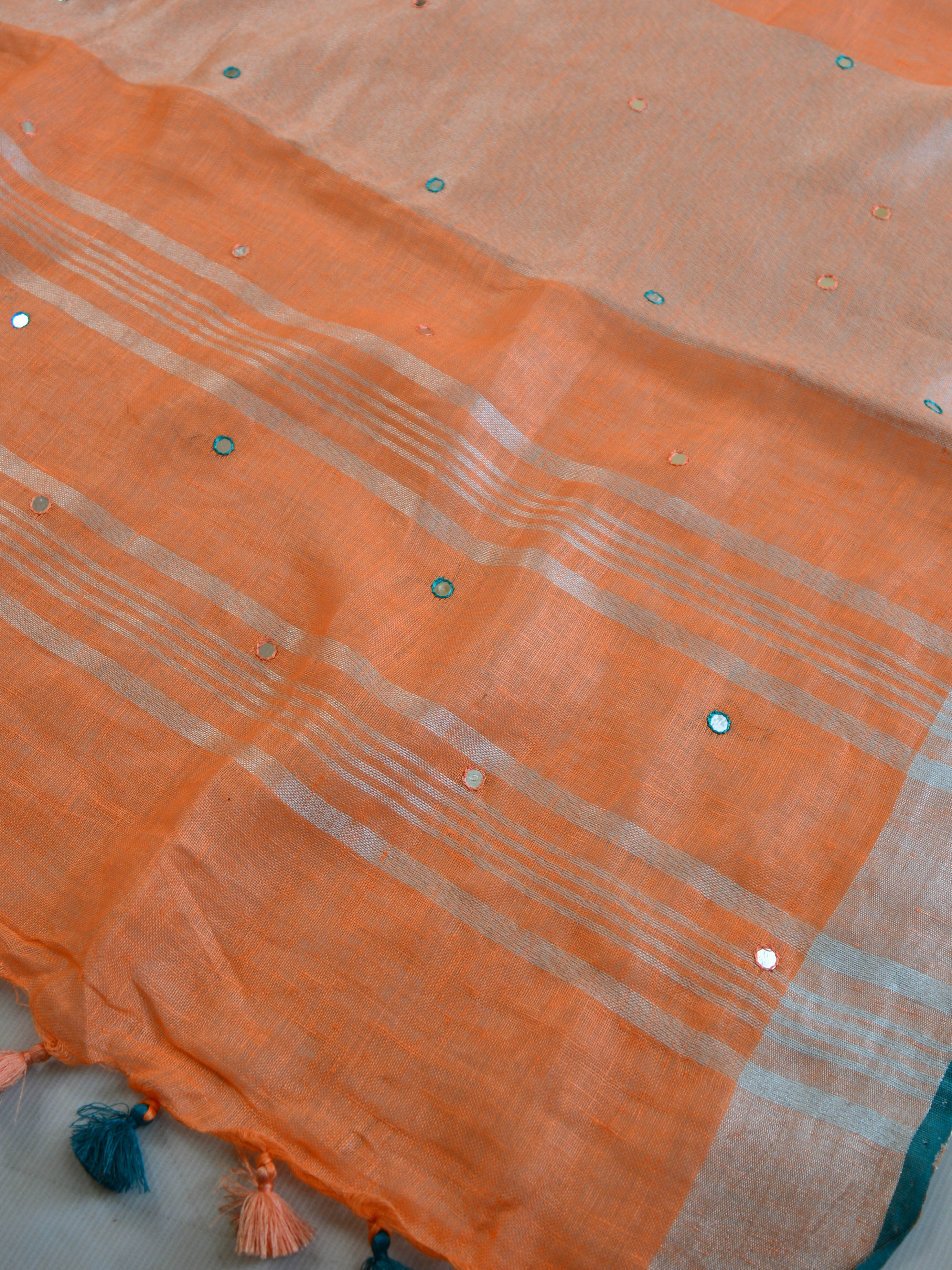 Banarasee Handloom Pure Linen Saree With Mirror Work-Orange & Green