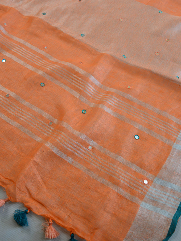 Banarasee Handloom Pure Linen Saree With Mirror Work-Orange & Green