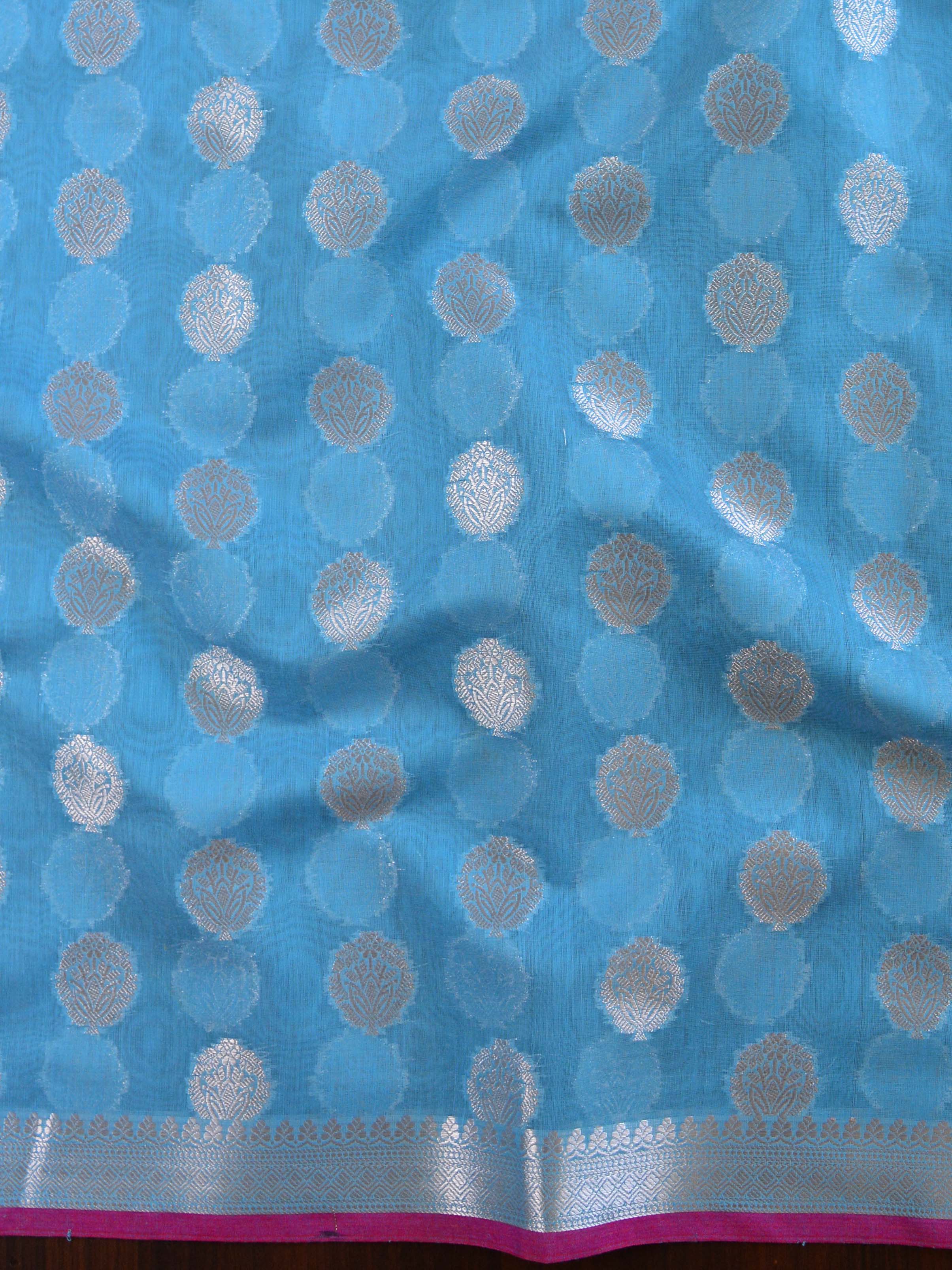 Banarasee Chanderi Salwar Kameez Fabric & Dupatta With Silver Zari-Blue & Yellow