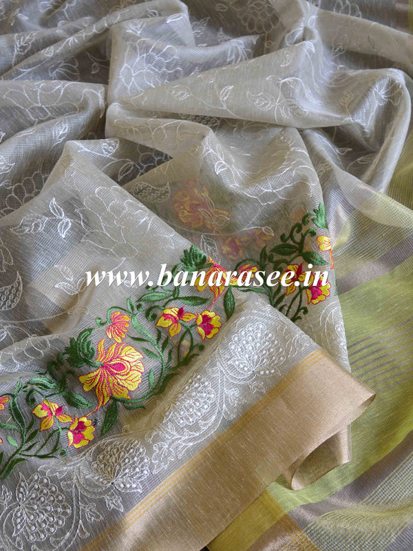 Banarasee Cotton Silk Saree With Embroidered Buta & Zari Border-Grey