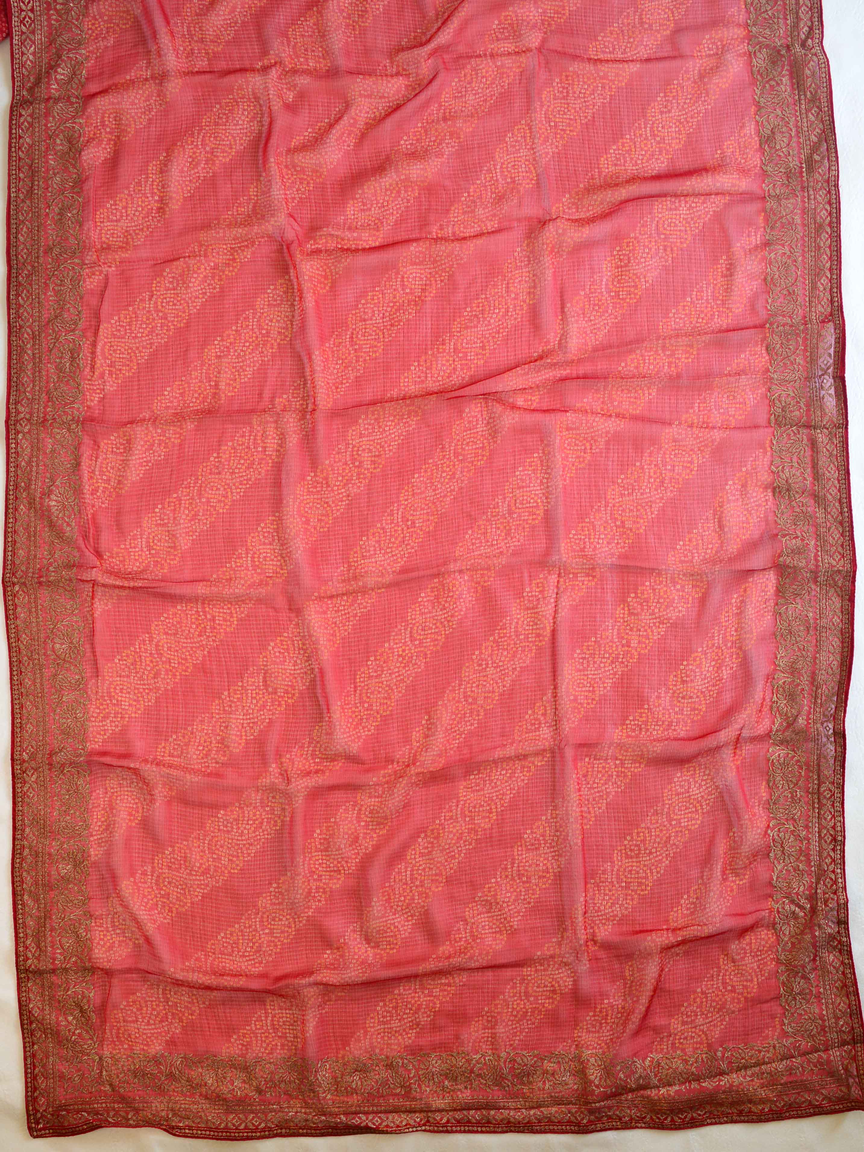 Banarasee Chiffon Blend Saree Chunri Print Zari Embroidered Border & Silk Blouse-Red