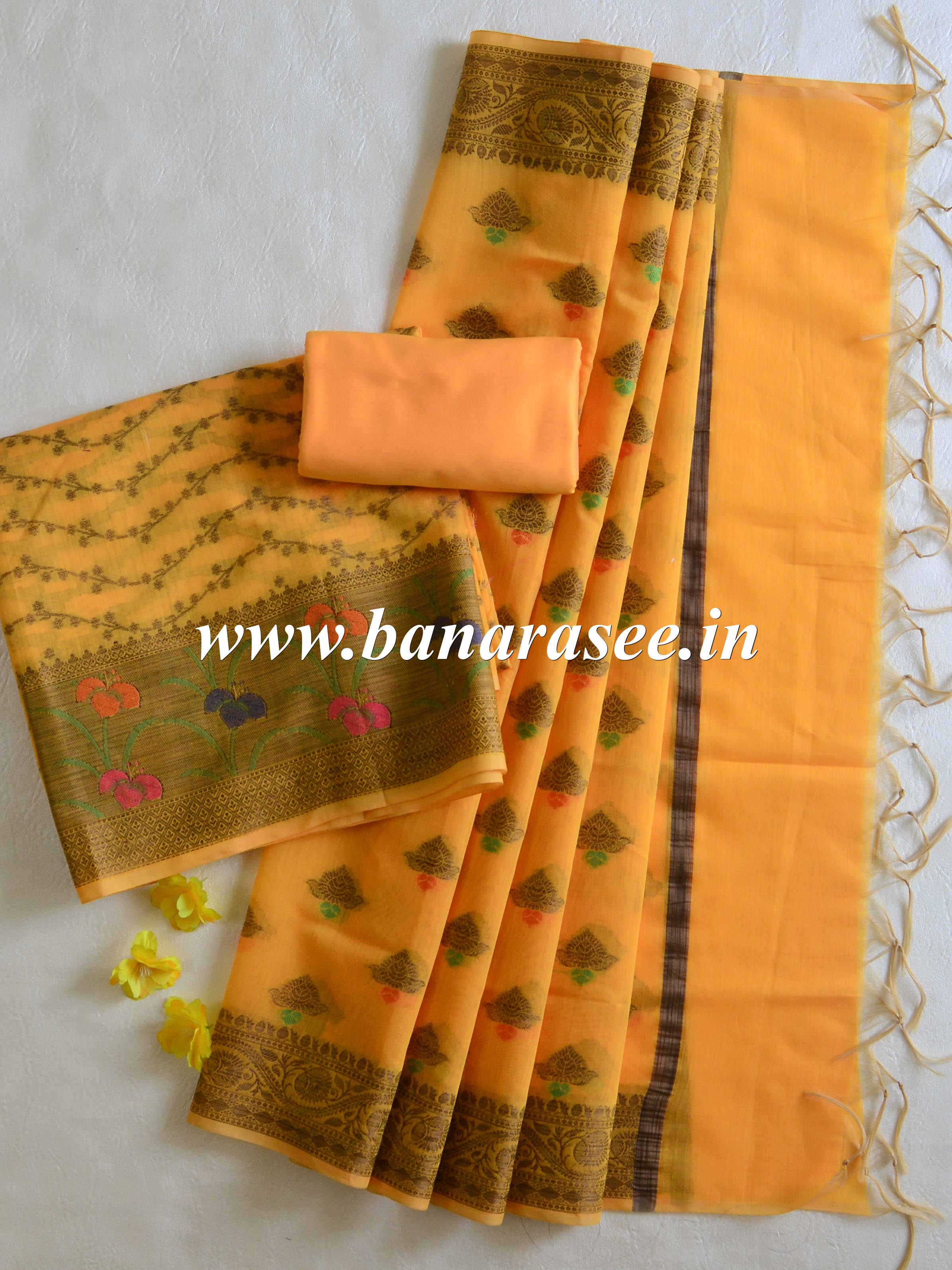 Banarasee Chanderi Cotton Salwar Kameez Fabric With Ghiccha Work-Yellow