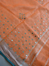 Banarasee Handloom Pure Linen Saree With Mirror Work-Orange & Green