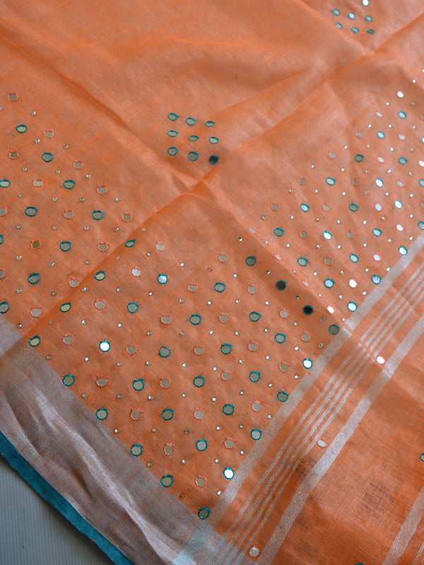 Banarasee Handloom Pure Linen Saree With Mirror Work-Orange & Green