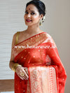 Banarasee Handwoven Semi-Chiffon Saree With Buti Design & Broad Floral Border-Rust Orange