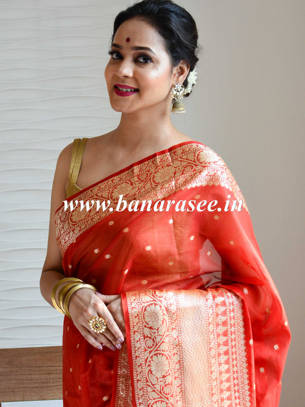Banarasee Handwoven Semi-Chiffon Saree With Buti Design & Broad Floral Border-Rust Orange