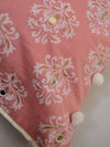 Mul Cotton Sanganeri Print Mirror Work & Pom-Pom Detail Cushion Cover-Salmon Pink