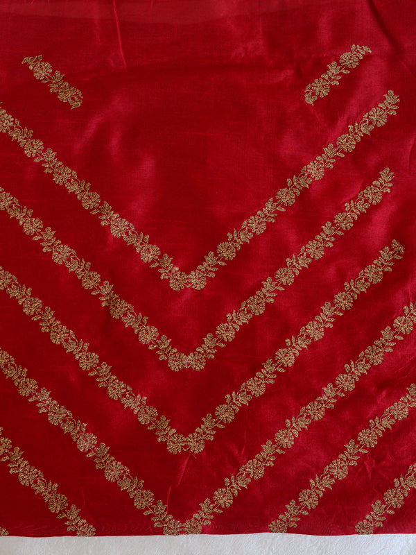 Banarasee Chiffon Blend Saree Chunri Print Zari Embroidered Border & Silk Blouse-Red