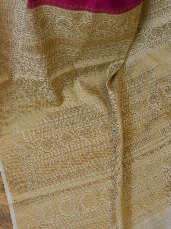Banarasee Handwoven Pure Muga Silk Sari With Floral Border & Pallu-Magenta