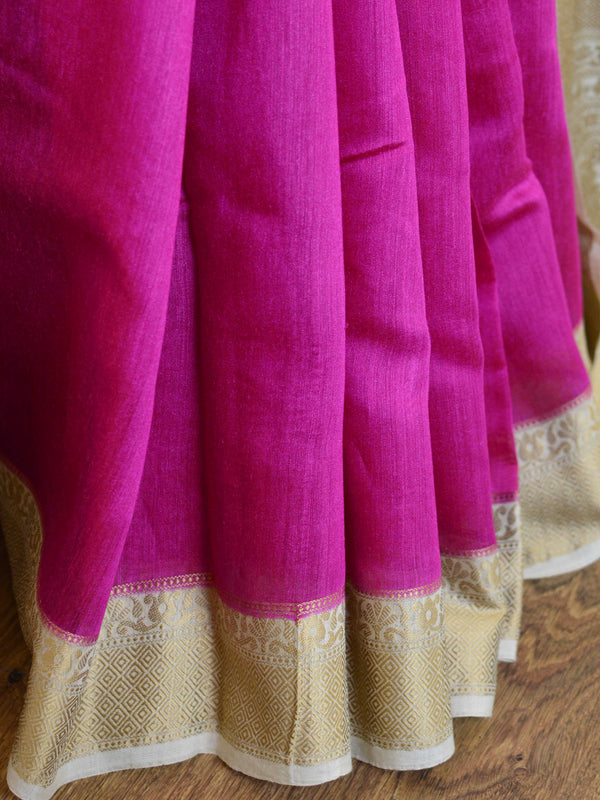 Banarasee Handwoven Pure Muga Silk Sari With Floral Border & Pallu-Magenta