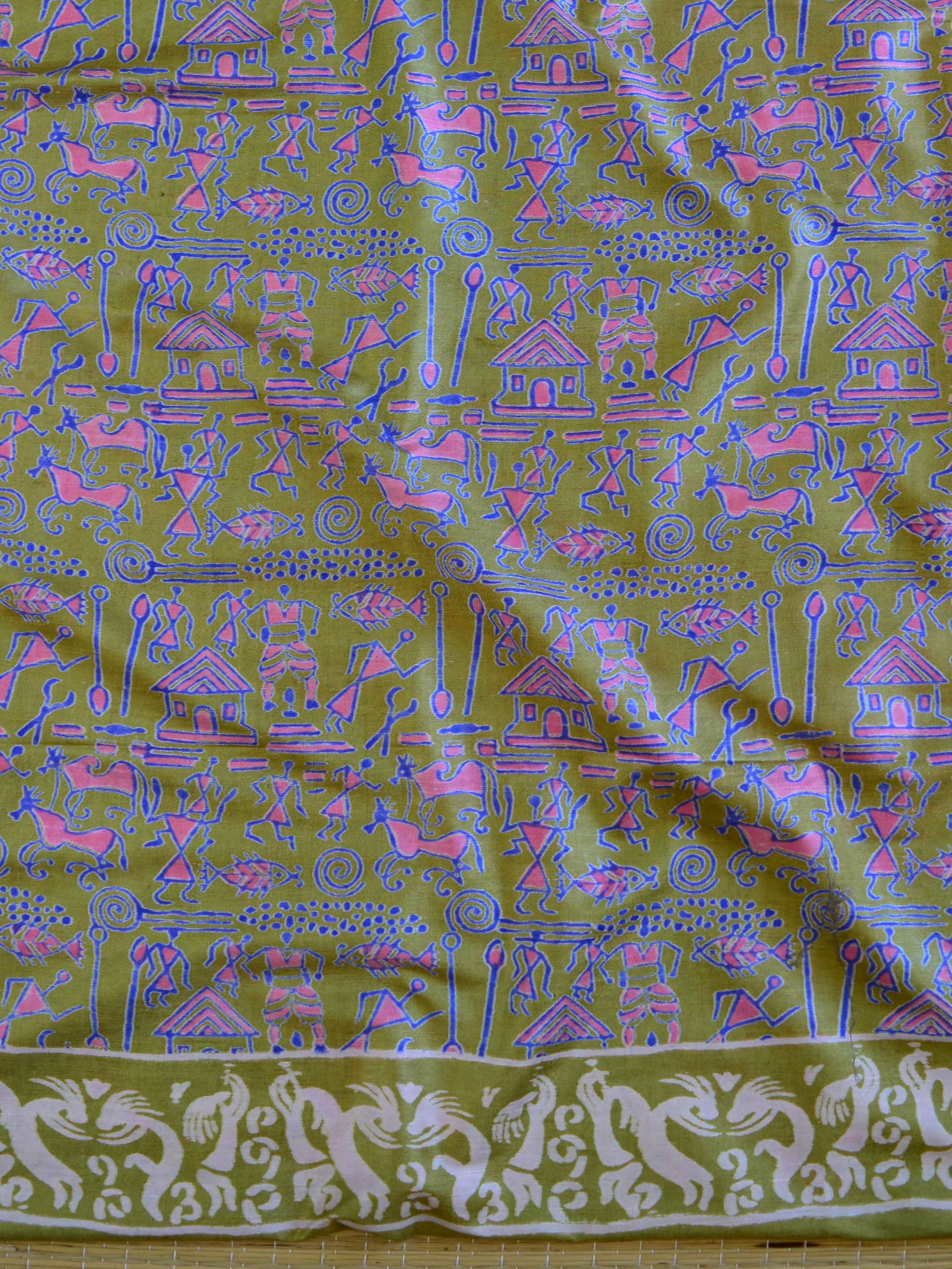 Bhagalpuri Salwar Kameez Glossy Cotton Silk Hand-Block Printed Fabric-Green & Red