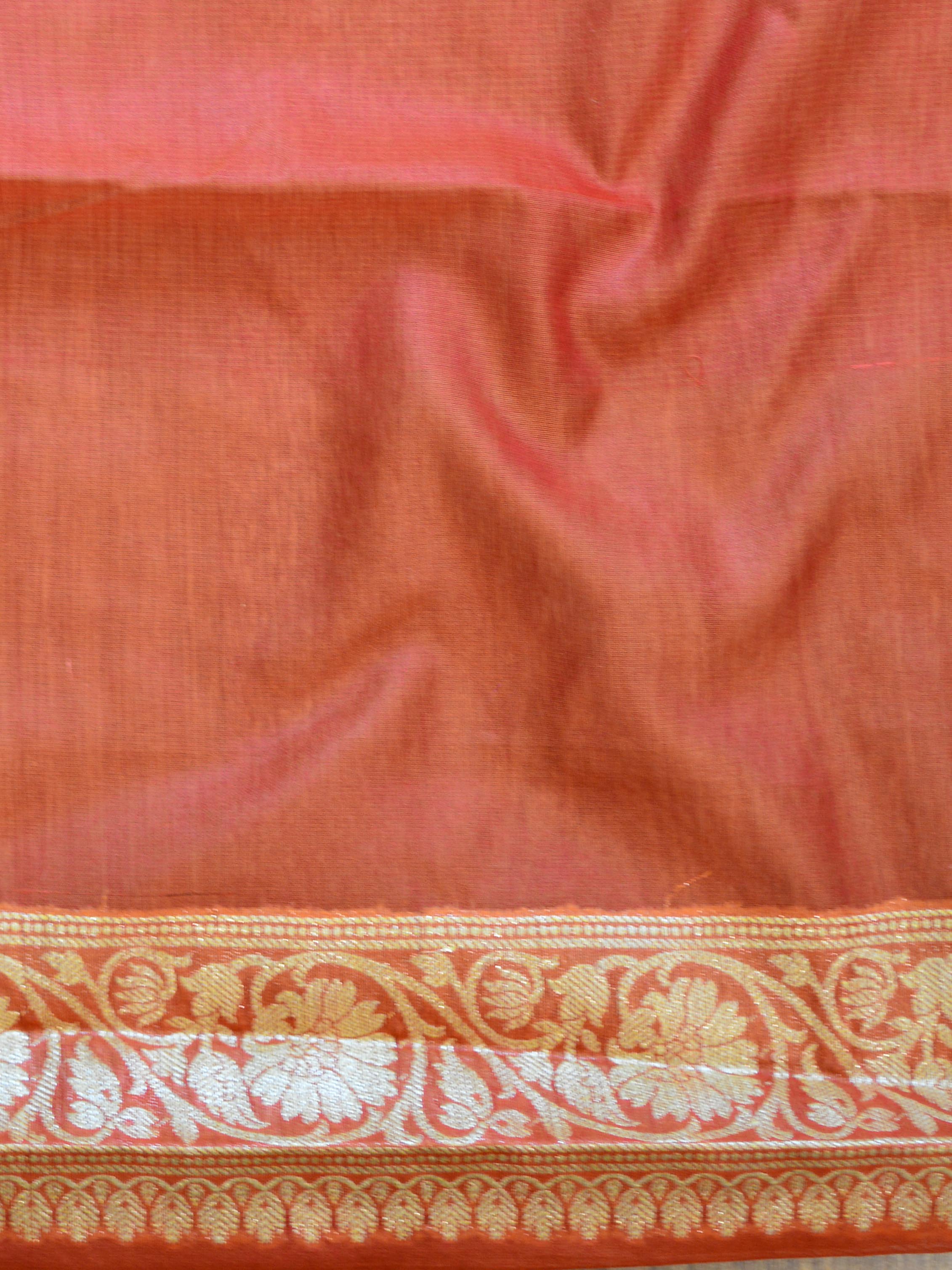 Banarasee Handwoven Semi-Chiffon Saree With Buti Design & Broad Floral Border-Rust Orange