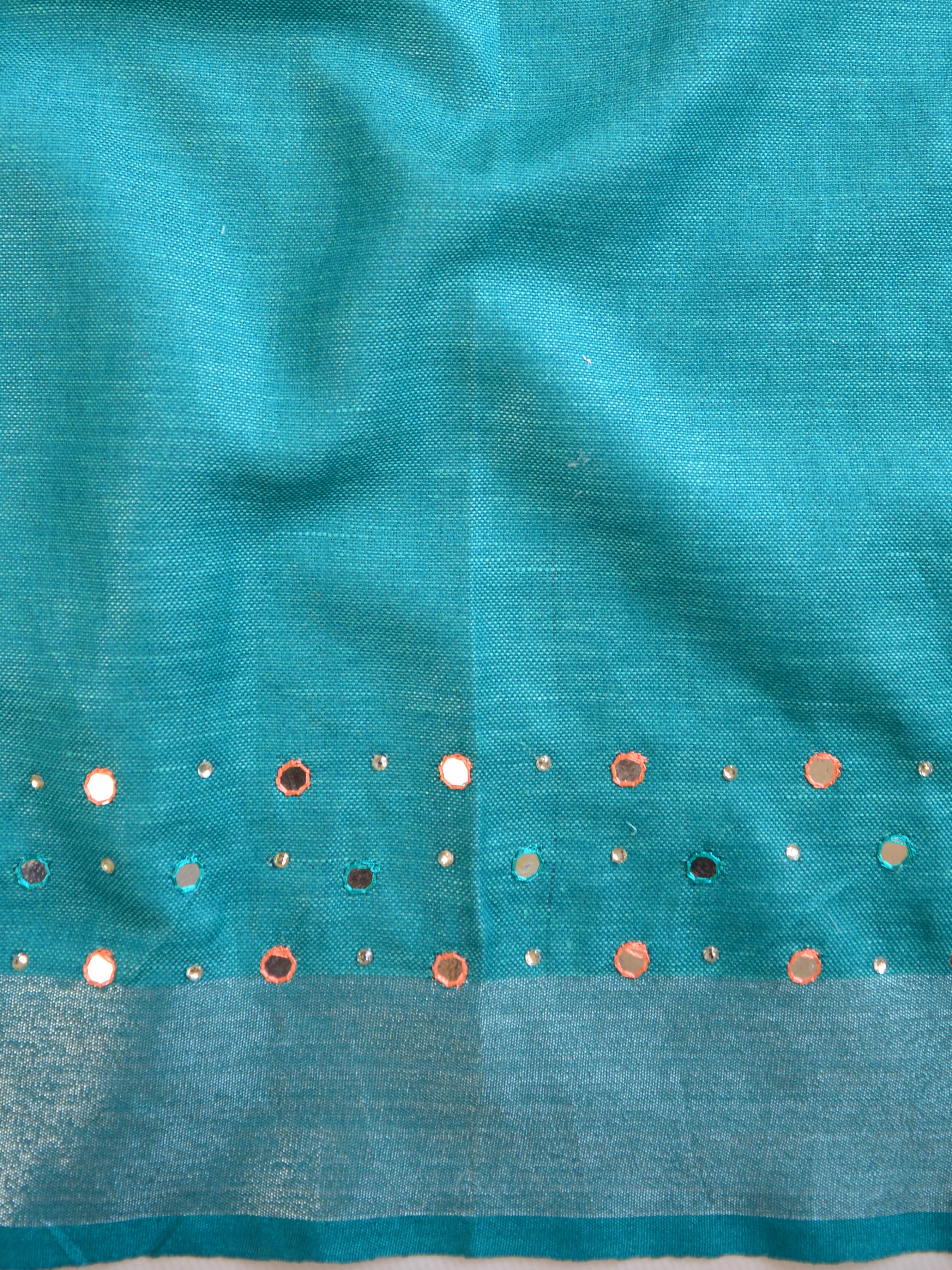 Banarasee Handloom Pure Linen Saree With Mirror Work-Orange & Green