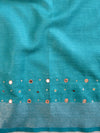 Banarasee Handloom Pure Linen Saree With Mirror Work-Orange & Green