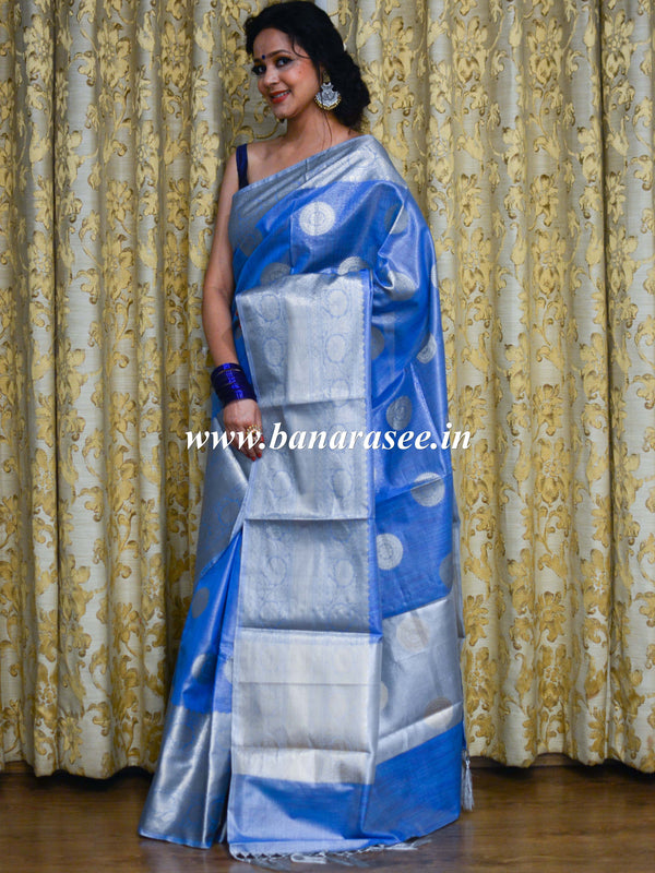 Banarasee Handwoven Broad Border Silver Zari Buta Design Tissue Saree-Blue