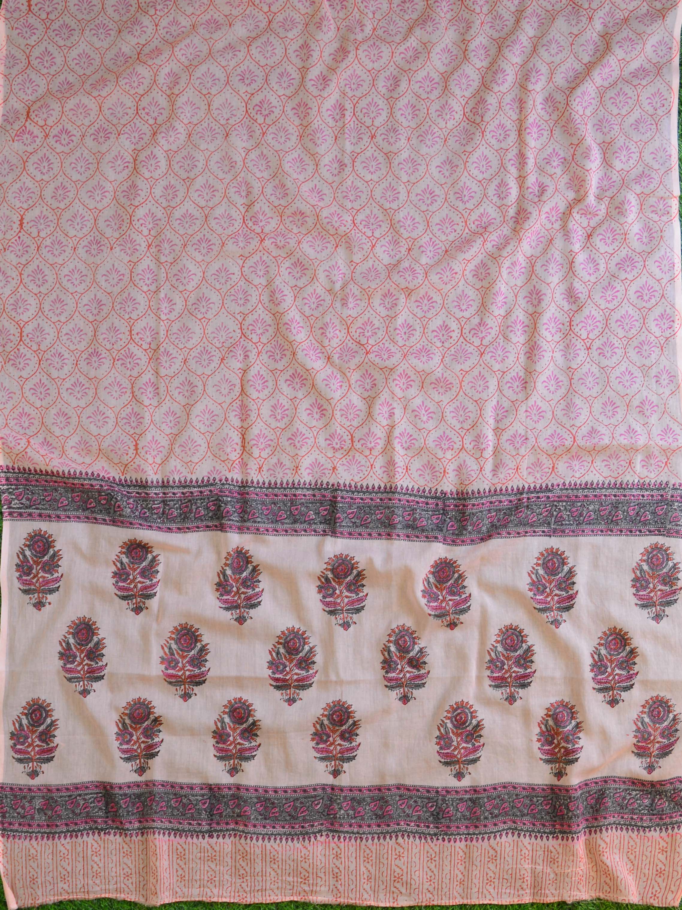 Handloom Mul Cotton Handblock Printed Suit Set-Cream & Peach