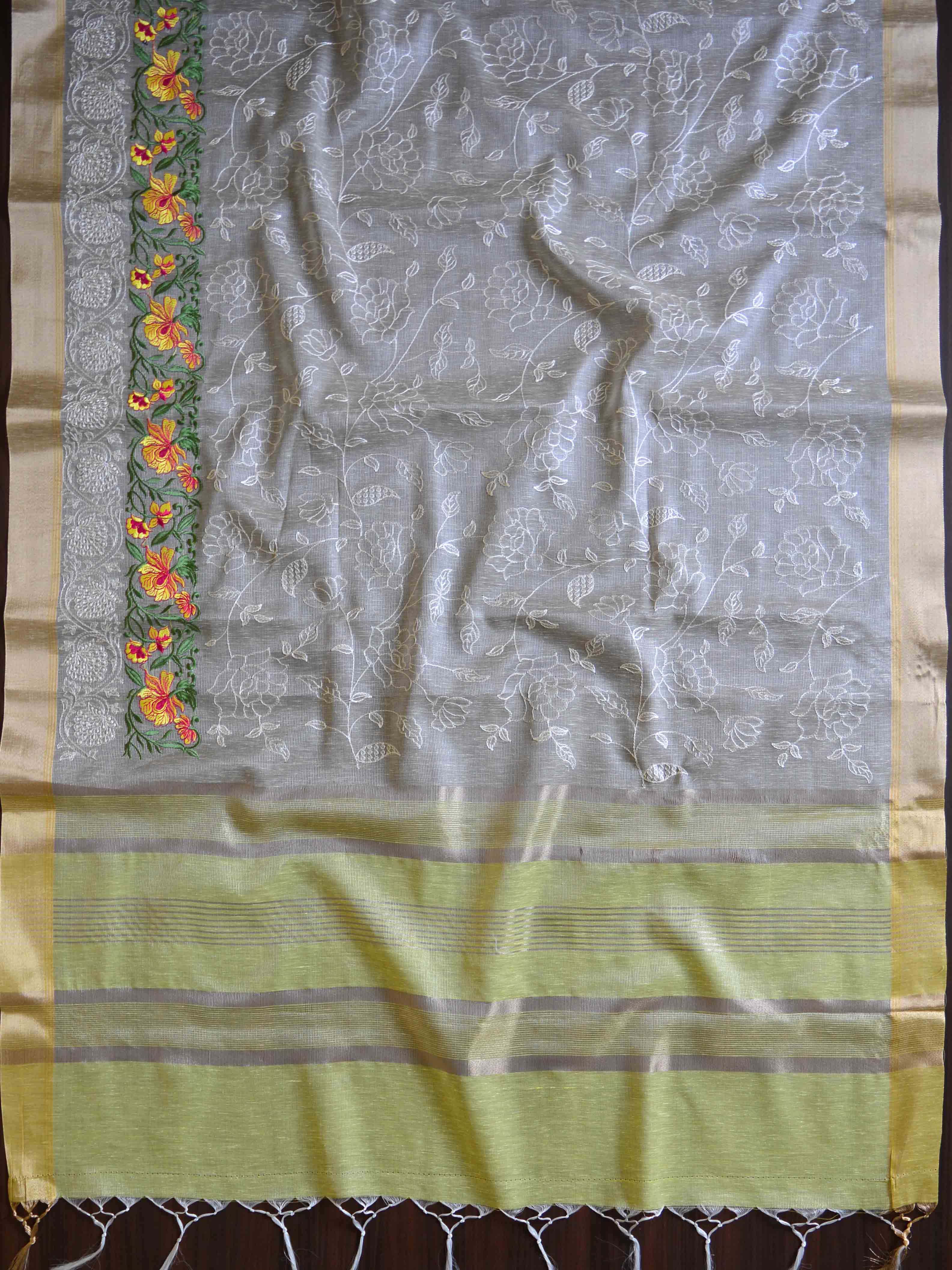 Banarasee Cotton Silk Saree With Embroidered Buta & Zari Border-Grey