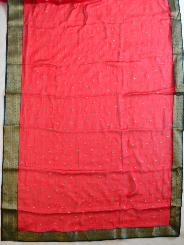 Banarasee Pure Chiffon Saree With Embroidery Work & Banarasee Border-Red & Green