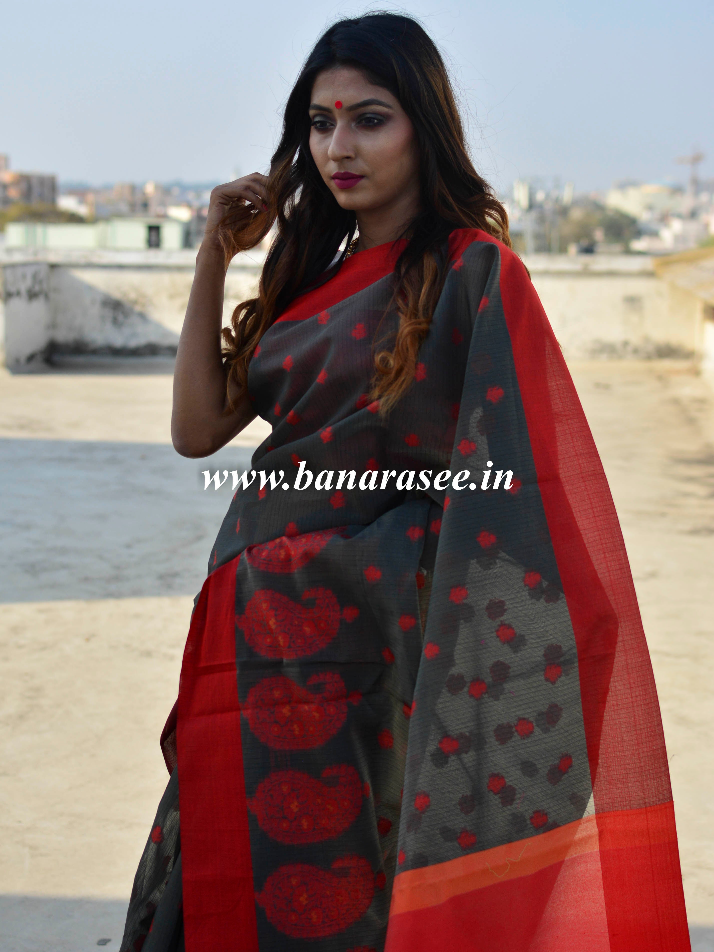 Banarasee Cotton Silk Saree Resham Buti Design & Border-Black