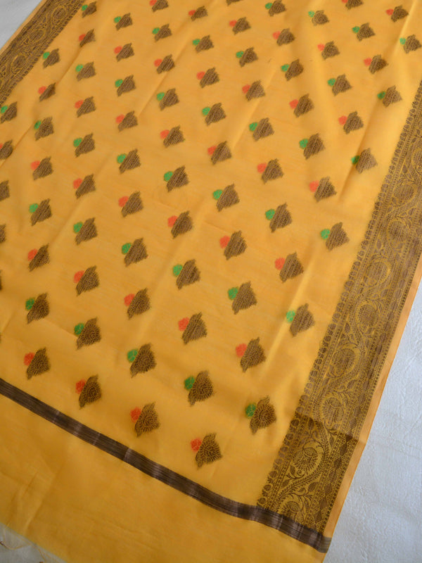 Banarasee Chanderi Cotton Salwar Kameez Fabric With Ghiccha Work-Yellow
