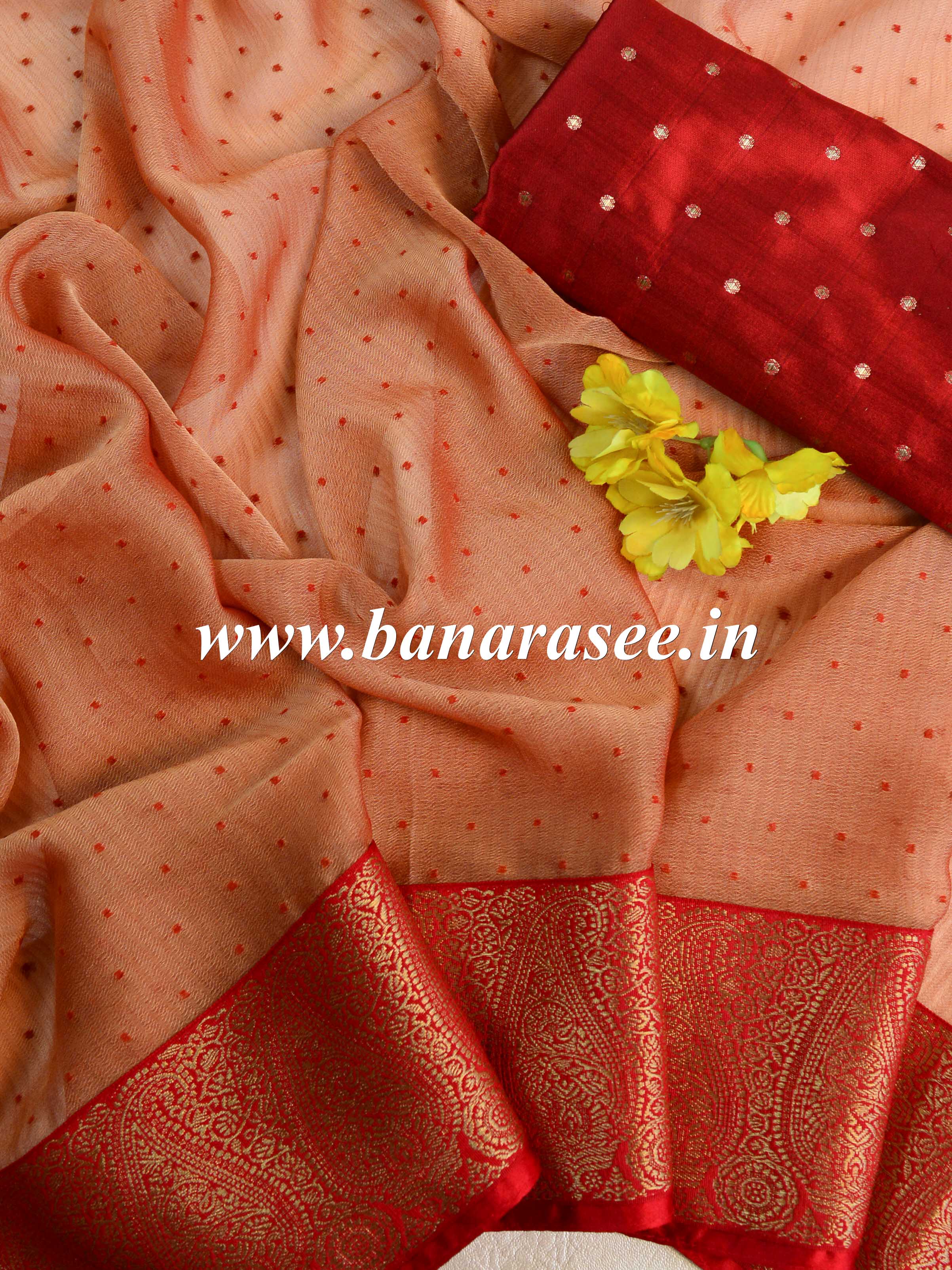 Banarasee Chiffon Blend Saree With Buti Work Zari Border & Brocade Blouse-Rose Pink & Red