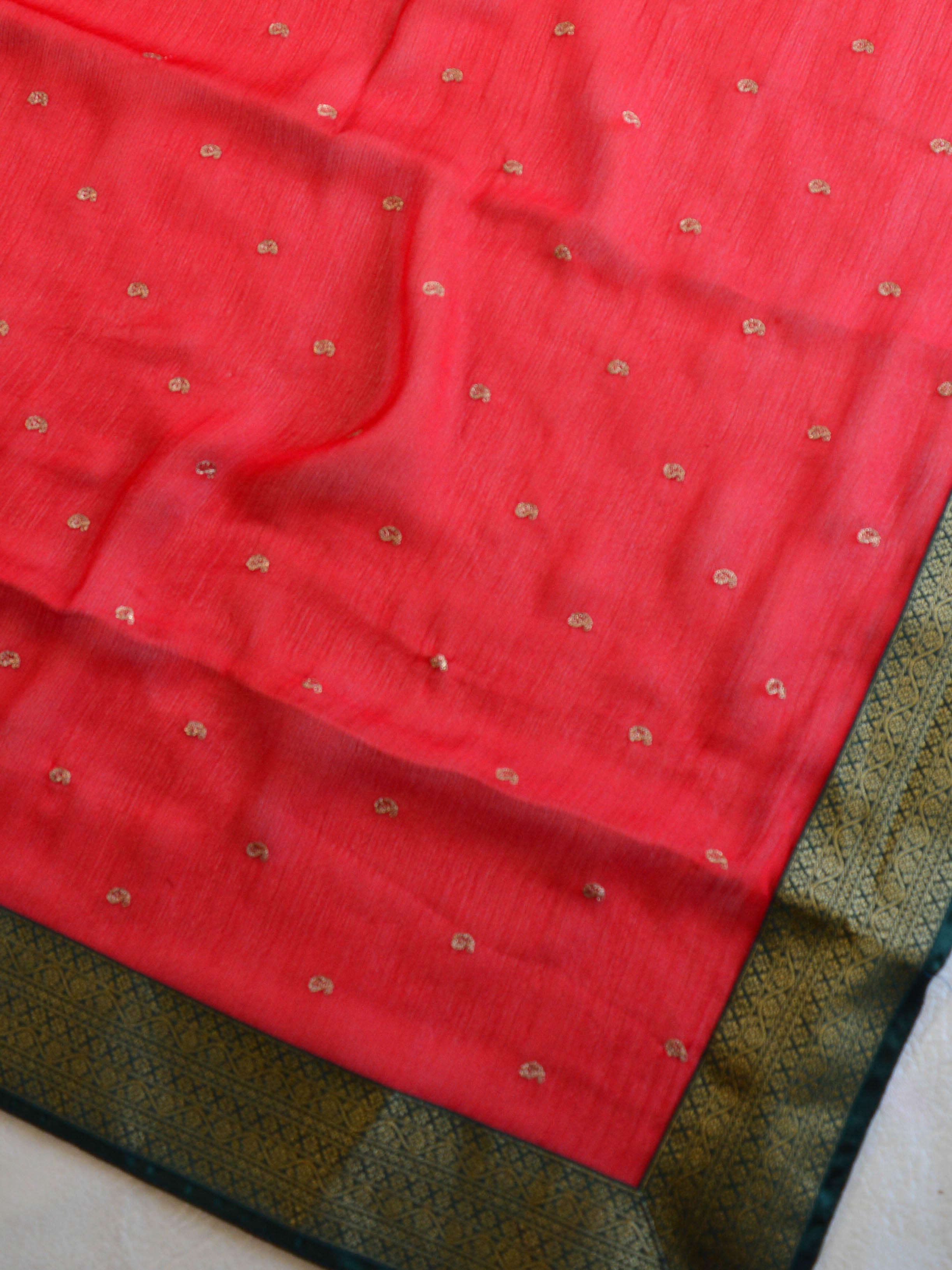 Banarasee Pure Chiffon Saree With Embroidery Work & Banarasee Border-Red & Green