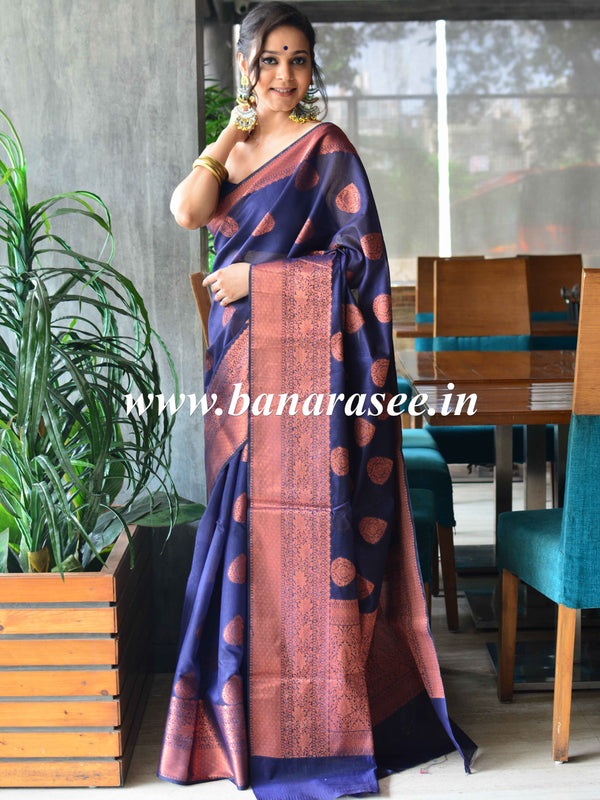 Banarasee Cotton Silk Saree With Copper Zari Buta & Border-Blue