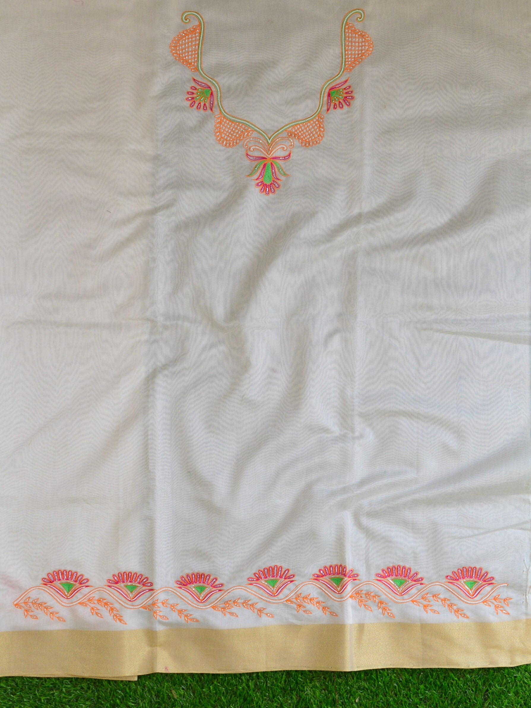 Banarasee  Hand-Embroidery Chanderi Cotton Salwar Kameez Fabric With Contrast Dupatta-Off White