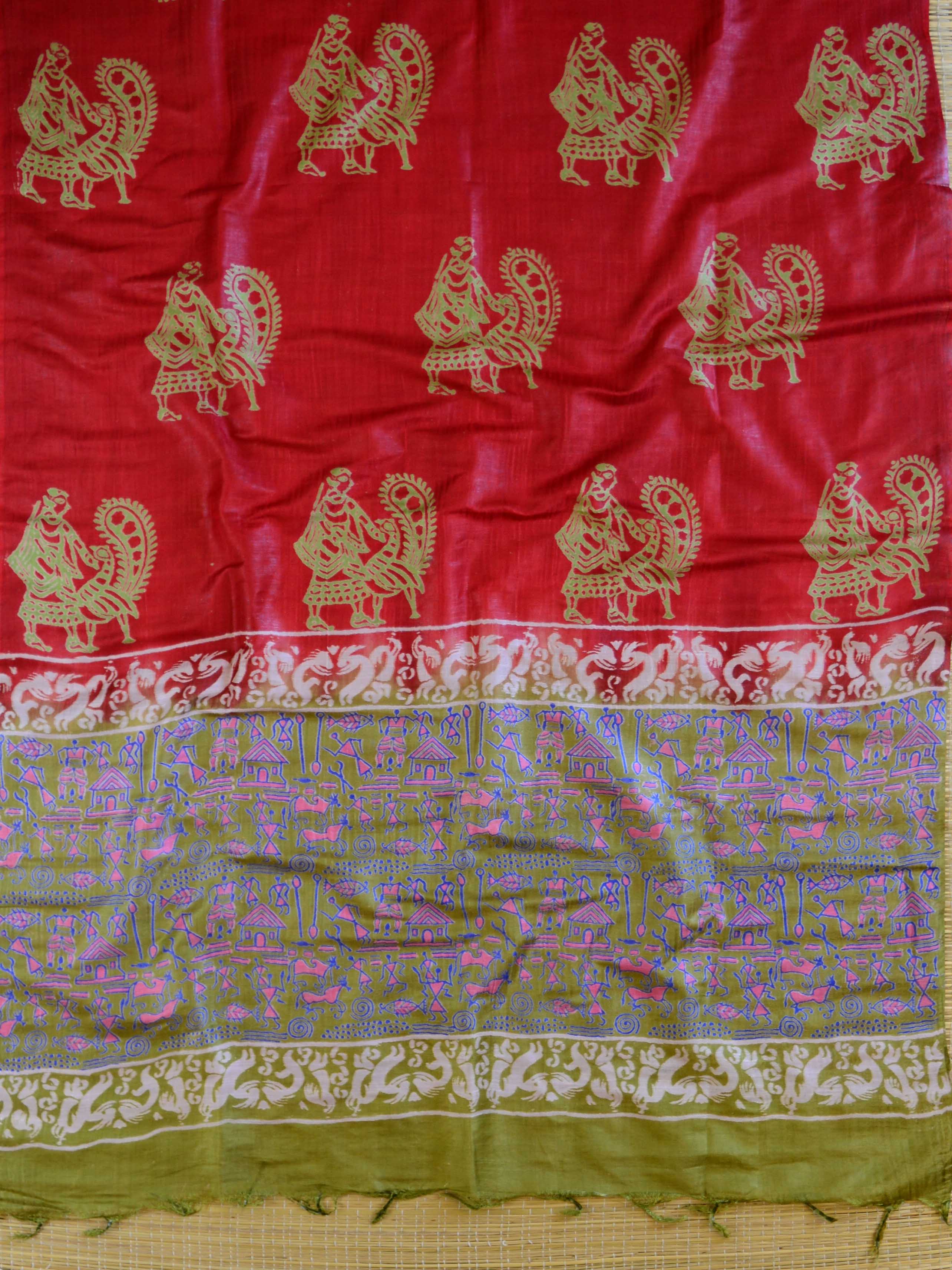 Bhagalpuri Salwar Kameez Glossy Cotton Silk Hand-Block Printed Fabric-Green & Red