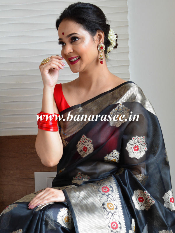 Banarasee Cotton Silk Saree With Zari & Meena Buta & Border-Black