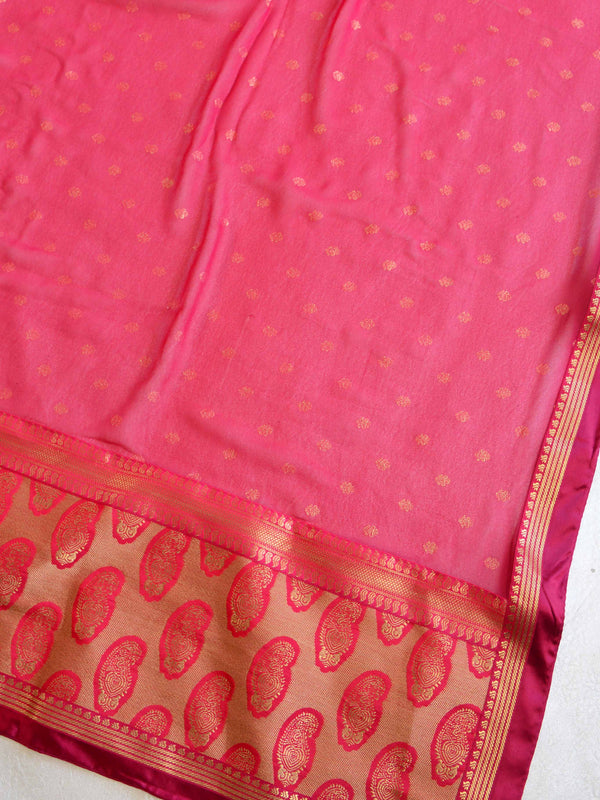 Banarasee Pure Chiffon Saree With Embroidery Work & Paisley Border-Pink