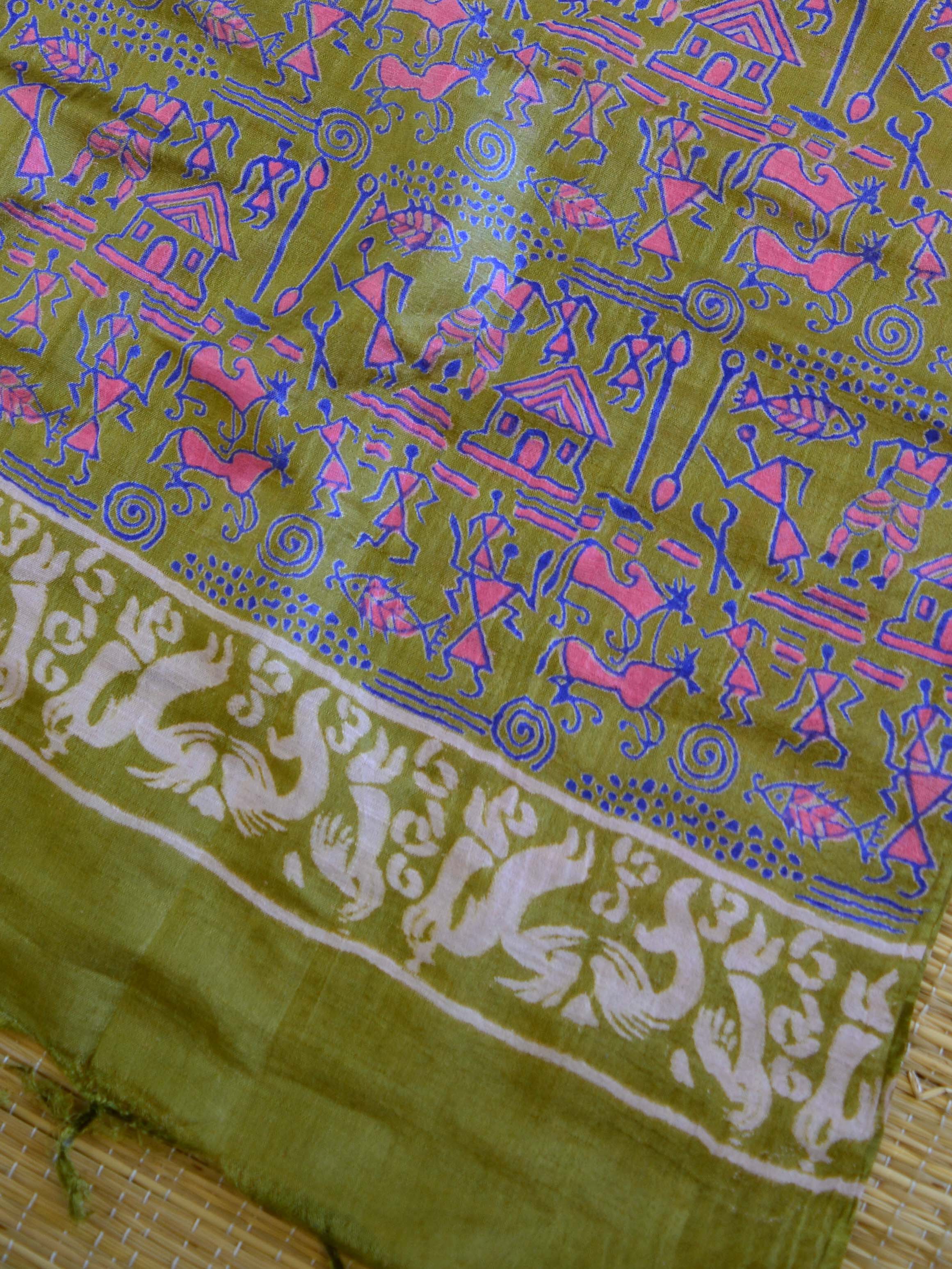 Bhagalpuri Salwar Kameez Glossy Cotton Silk Hand-Block Printed Fabric-Green & Red