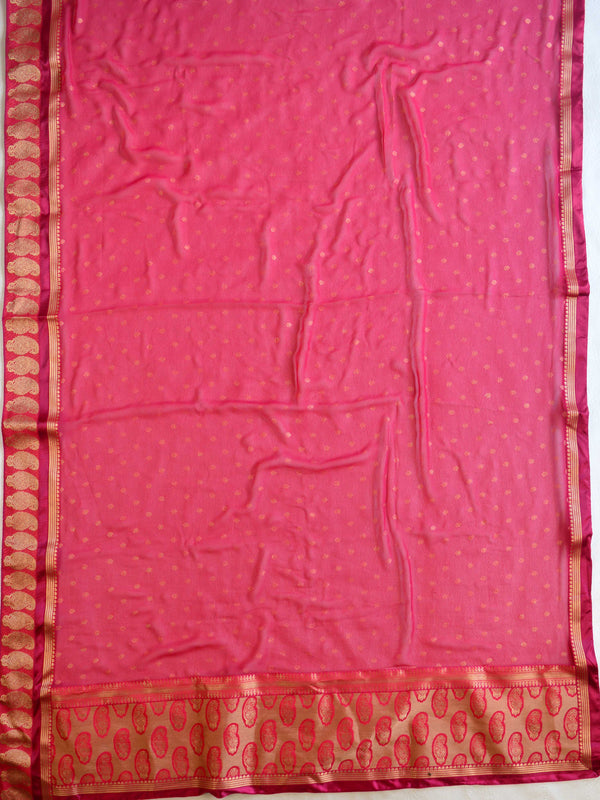 Banarasee Pure Chiffon Saree With Embroidery Work & Paisley Border-Pink
