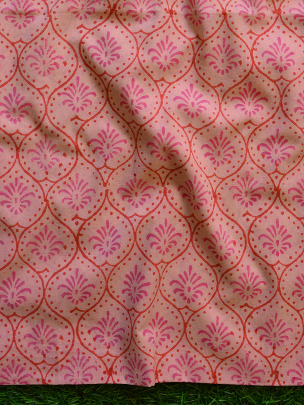Handloom Mul Cotton Handblock Printed Suit Set-Cream & Peach