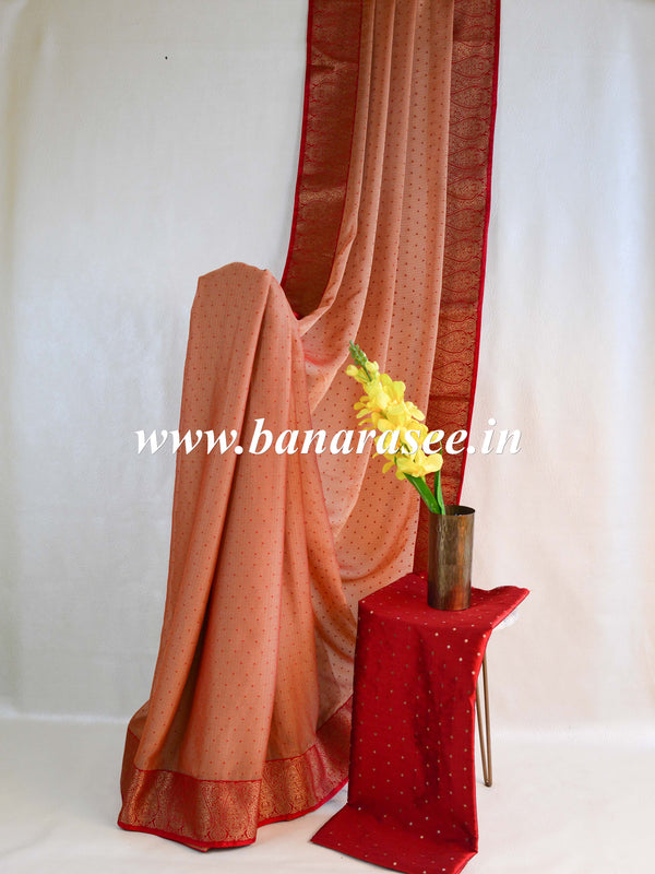 Banarasee Chiffon Blend Saree With Buti Work Zari Border & Brocade Blouse-Rose Pink & Red