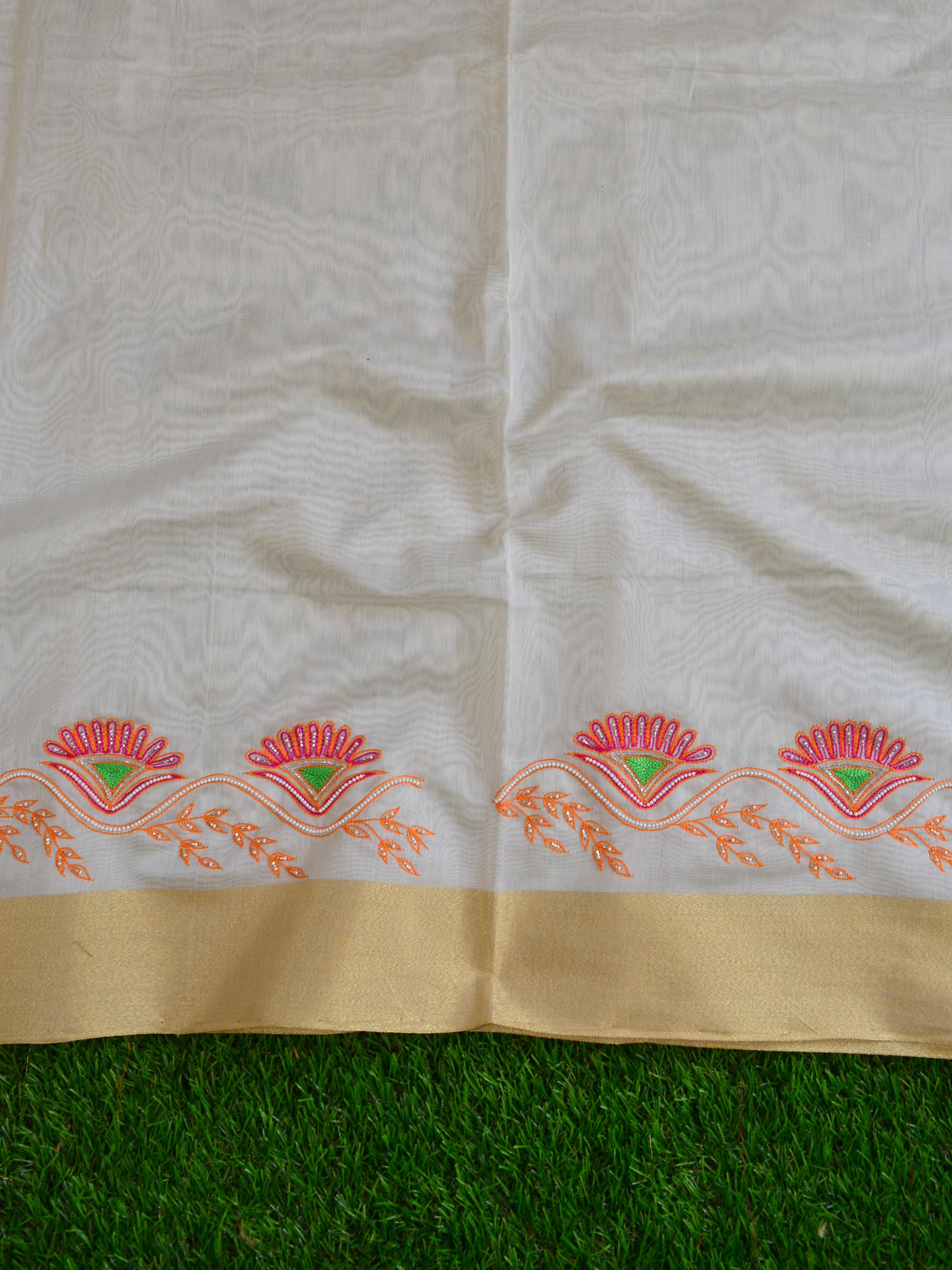 Banarasee  Hand-Embroidery Chanderi Cotton Salwar Kameez Fabric With Contrast Dupatta-Off White