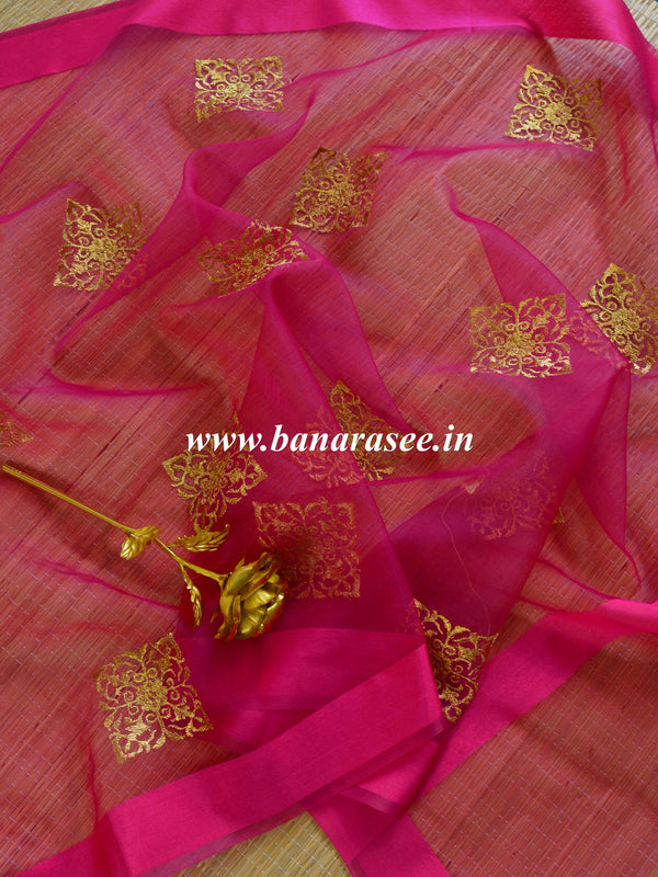 Banarasee Embroidered Gold Buta Design Organza Dupatta-Pink