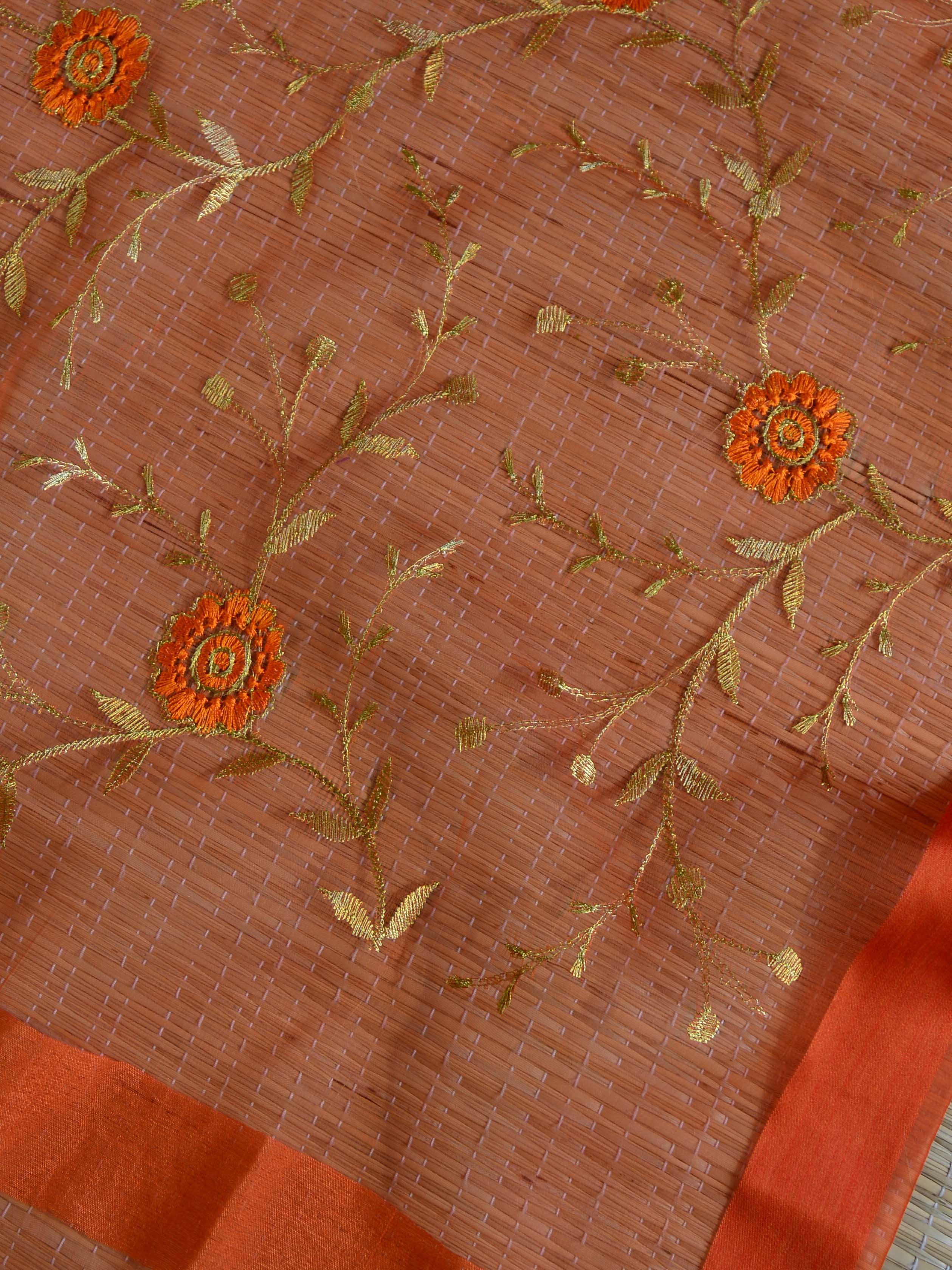 Banarasee Brocade Salwar Kameez Fabric With Organza Dupatta-Green & Orange