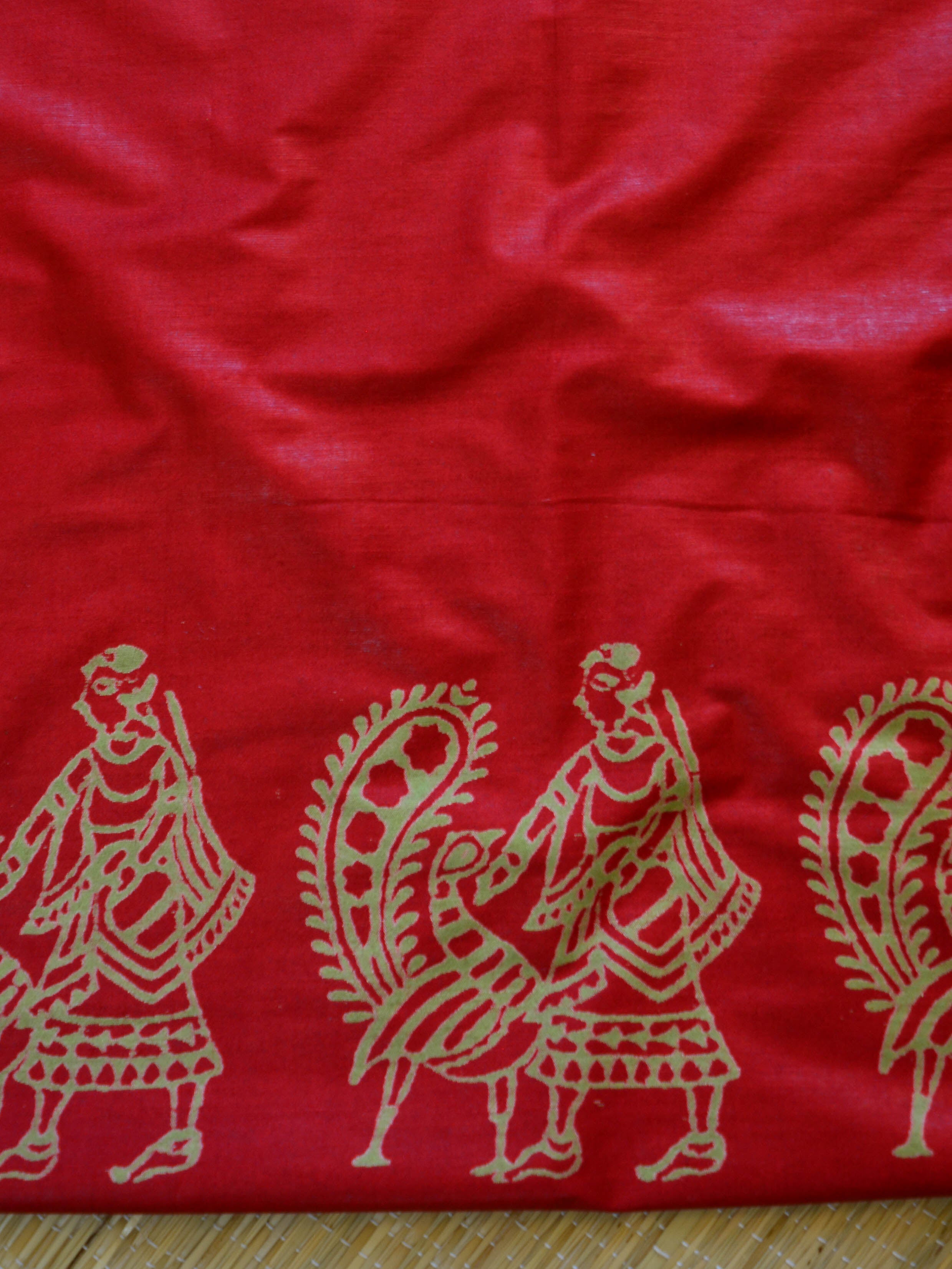 Bhagalpuri Salwar Kameez Glossy Cotton Silk Hand-Block Printed Fabric-Green & Red