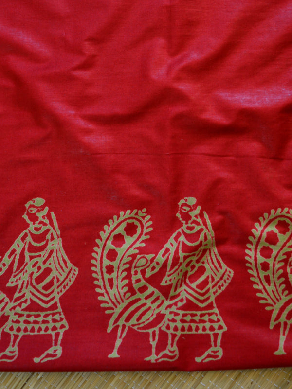 Bhagalpuri Salwar Kameez Glossy Cotton Silk Hand-Block Printed Fabric-Green & Red