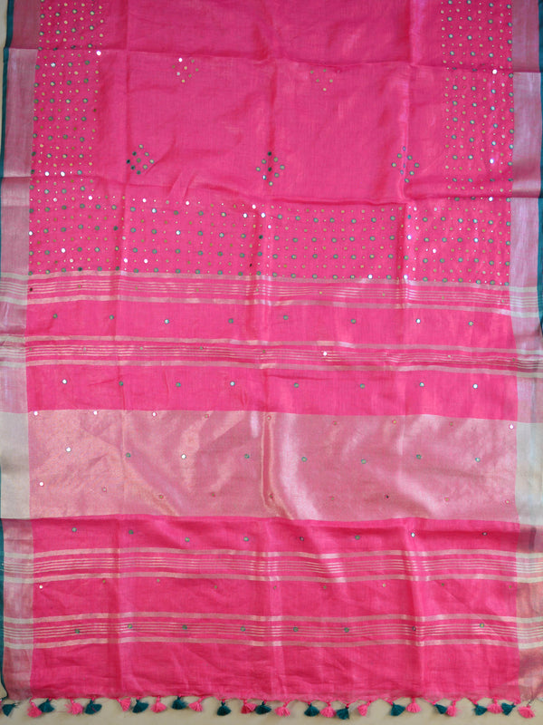 Banarasee Handloom Pure Linen Saree With Mirror Work-Pink & Green