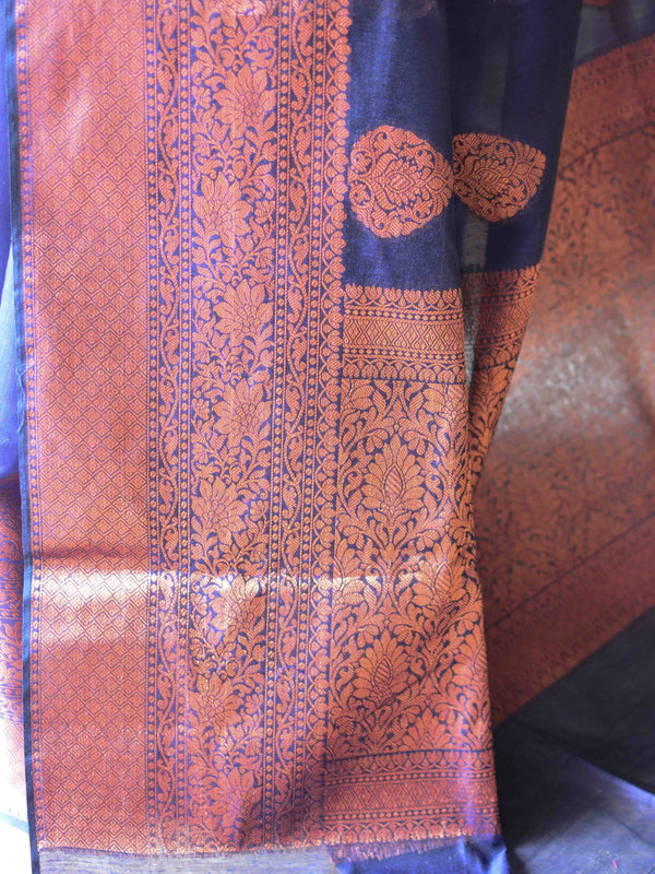 Banarasee Cotton Silk Saree With Copper Zari Buta & Border-Blue