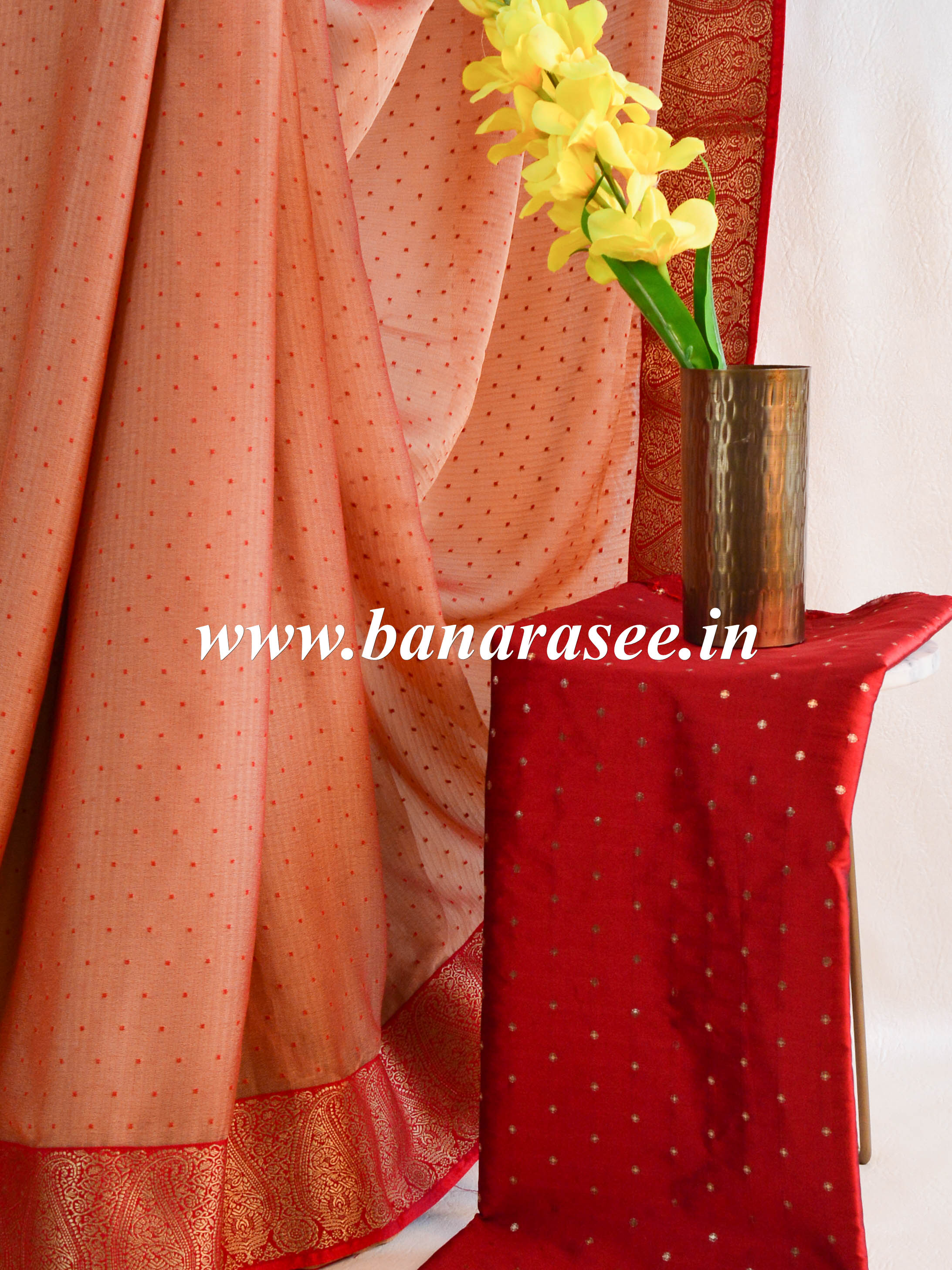 Banarasee Chiffon Blend Saree With Buti Work Zari Border & Brocade Blouse-Rose Pink & Red