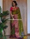 Banarasee Handloom Linen Silk Mix Antique Zari Buta Saree-Green