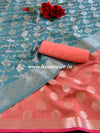 Banarasee Chanderi Salwar Kameez Fabric & Dupatta With Silver Zari-Peach & Green