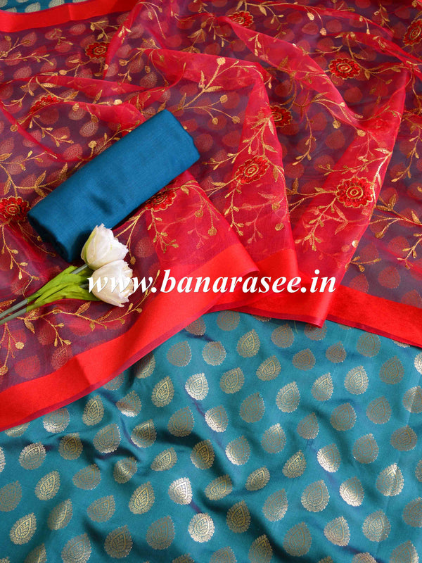 Banarasee Brocade Salwar Kameez Fabric With Organza Dupatta-Rama Green & Red