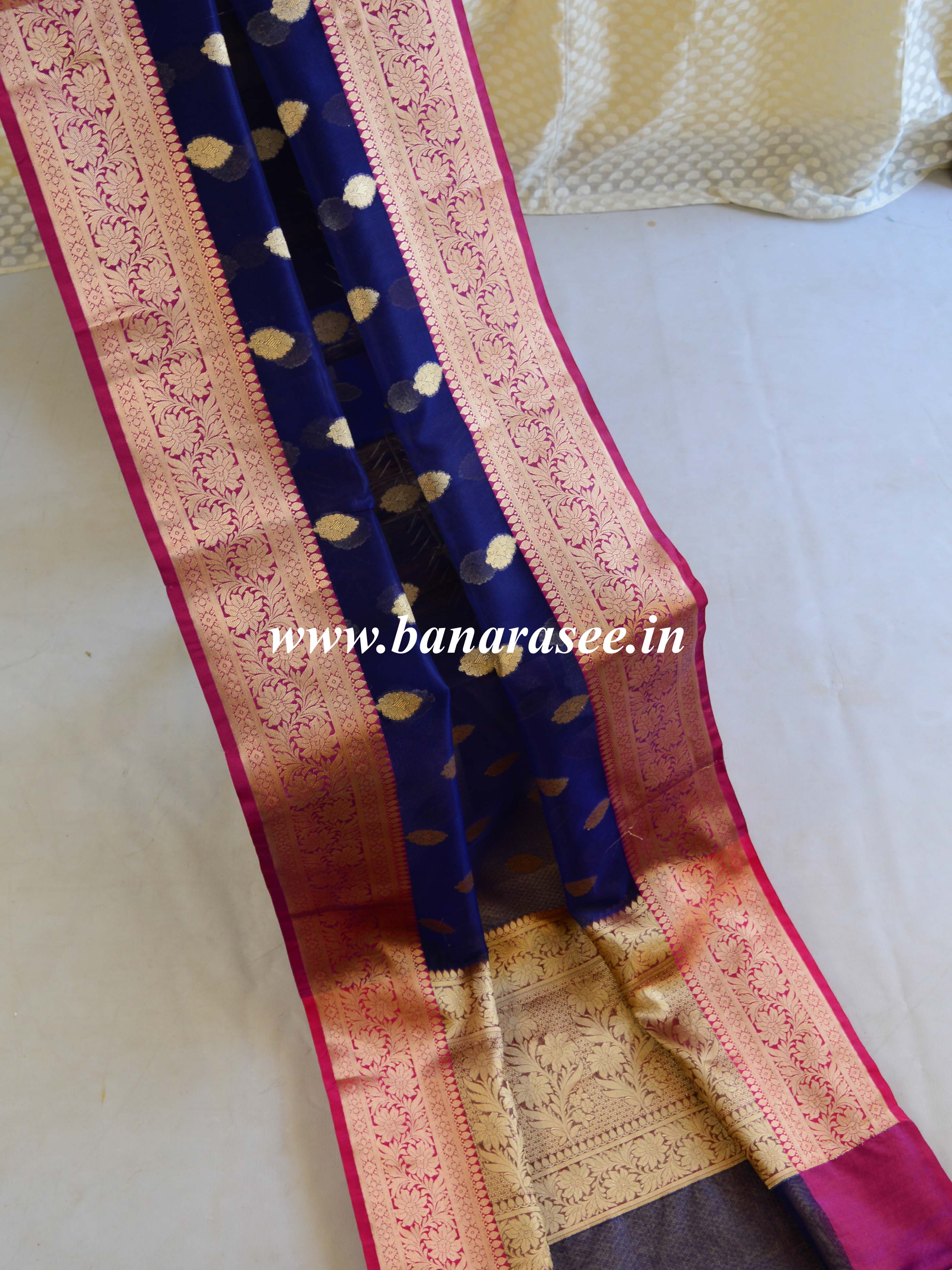 Banarasee Cotton Silk Mix Saree With Zari Buta & Floral Border-Deep Blue