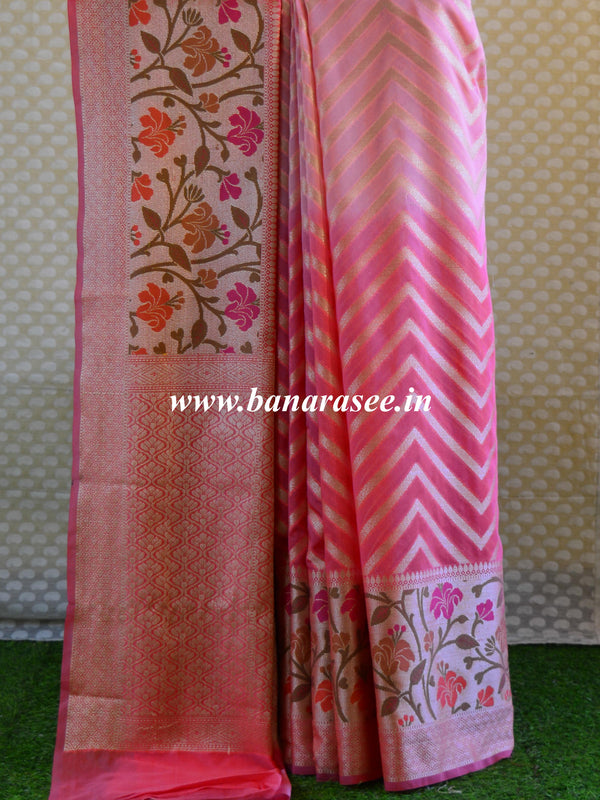 Banarasee Handwoven Semi-Chiffon Saree With Zig-Zag Design-Peach & Pink