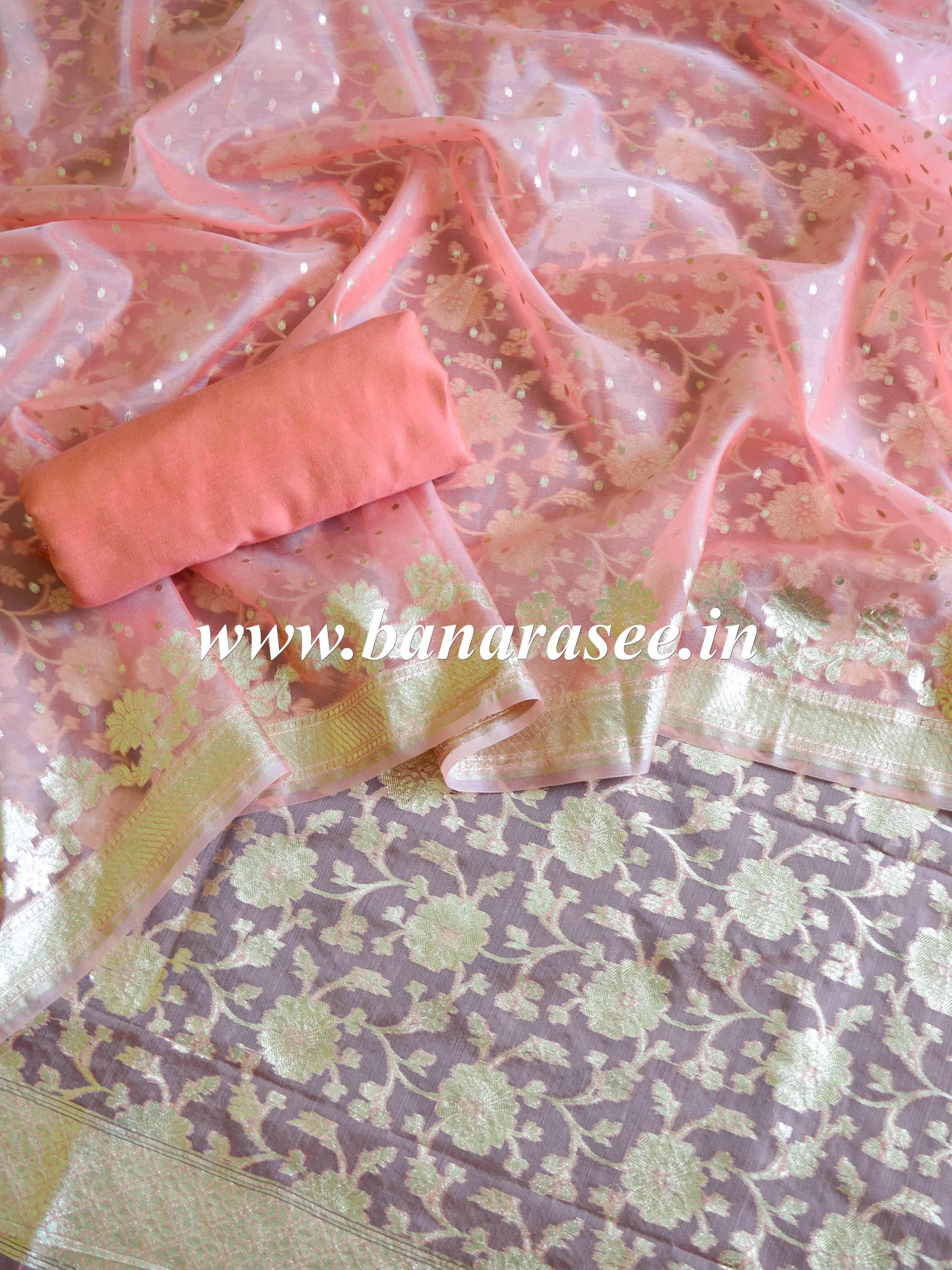 Banarasee Organza Silver Zari Salwar Kameez Fabric With Dupatta-Peach